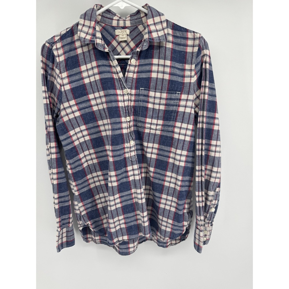 J.Crew Womens XS Plaid Popover Shirt Navy Blue Red Cotton Flannel